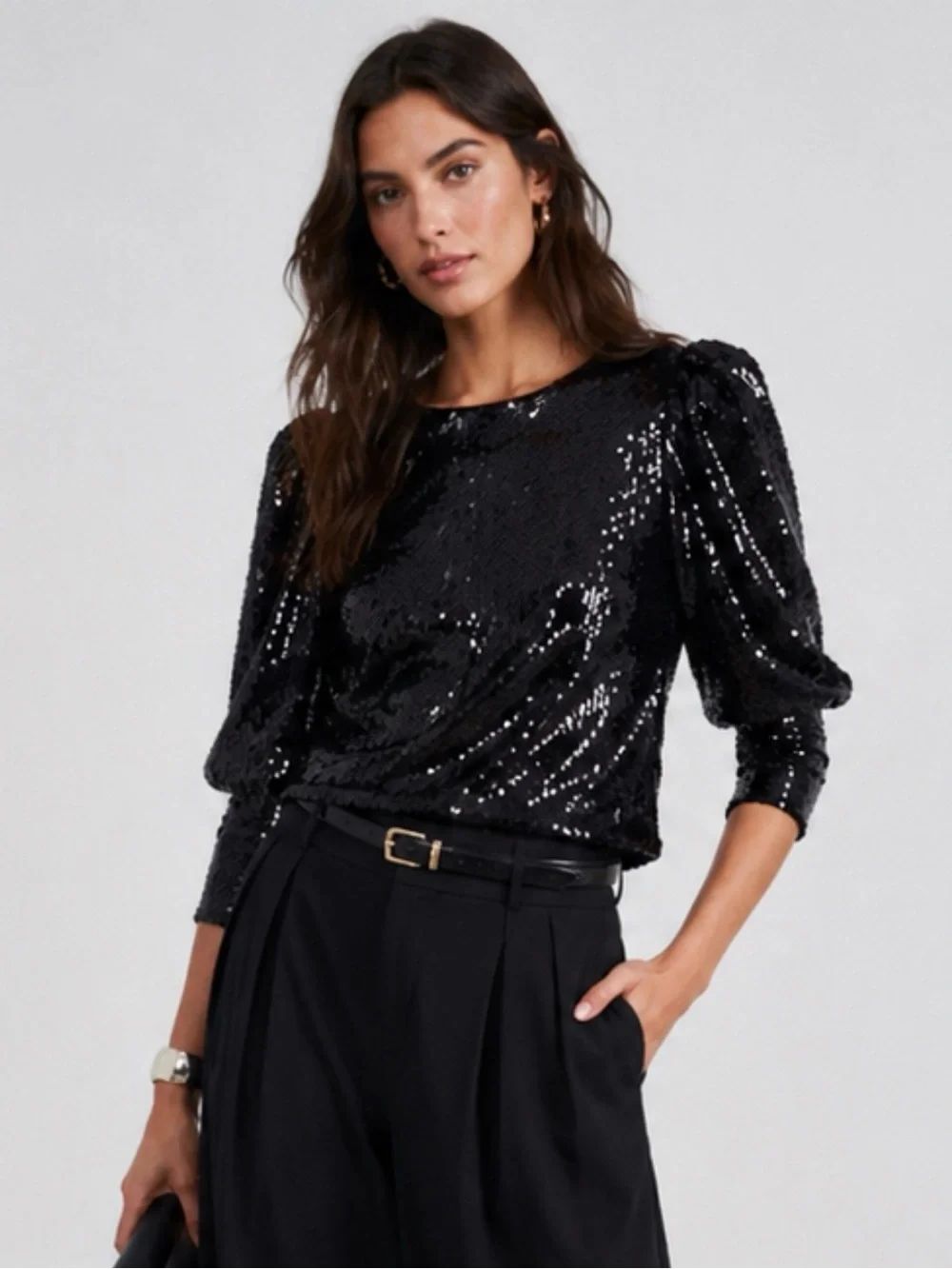 NWT INC International Concepts Sequin Puff Sleeve Top